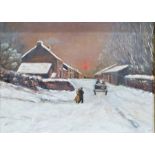 MS (early 20th century) Oil on board Village snow scene with horse and cart, initialled MS lower