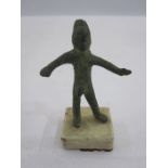 Early Roman/Etruscan-style mounted bronze male figure with arms outstretched, 6.5cm high approx