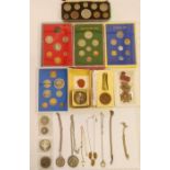 1953 specimen set, three proof set together with various objects, small collection of coins