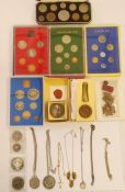 1953 specimen set, three proof set together with various objects, small collection of coins