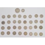 Quantity of Victorian and Edwardian silver 3d coins and one Victorian shilling