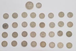 Quantity of Victorian and Edwardian silver 3d coins and one Victorian shilling