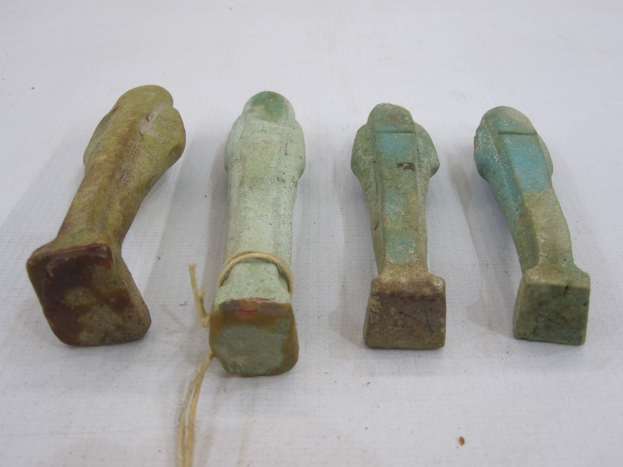 Four Egyptian blue glazed faience Ushabti in typical mummified form, one with swing label - Image 2 of 4