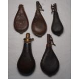 Five assorted leather shot flasks, including example embossed with hanging game decoration (5)