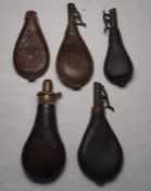 Five assorted leather shot flasks, including example embossed with hanging game decoration (5)