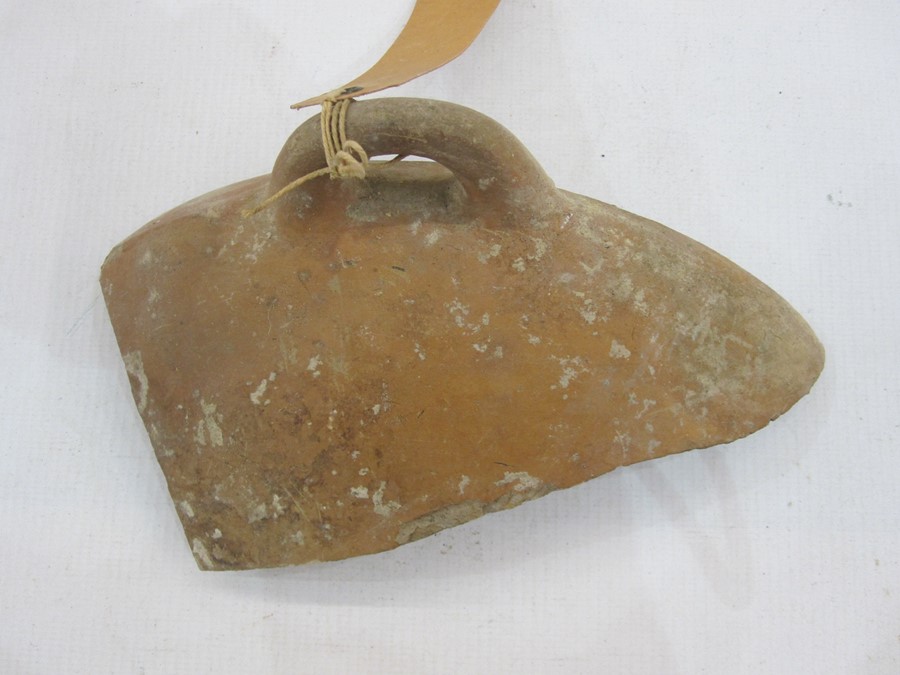 Roman terracotta loom weight, 9cm diameter approx, a small Roman glass bottle, 12.5cm high and - Image 2 of 6