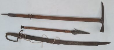 Early 20th century mountaineer's ice axe, 18th century cavalry sabre and African short spear (3)