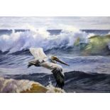 Matthew Hillier (20th century) Oil on board "Pelican Flying Over an Ocean", signed and dated lower