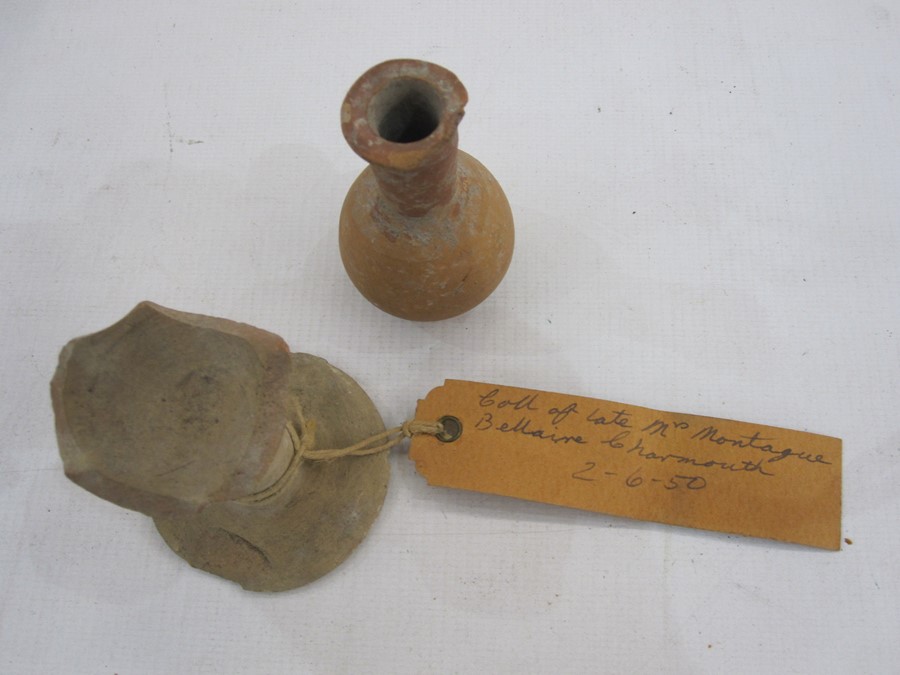 Roman terracotta loom weight, 9cm diameter approx, a small Roman glass bottle, 12.5cm high and - Image 6 of 6