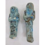 Two Egyptian blue glazed faience Ushabti of typical mummified form, believed middle kingdom, circa