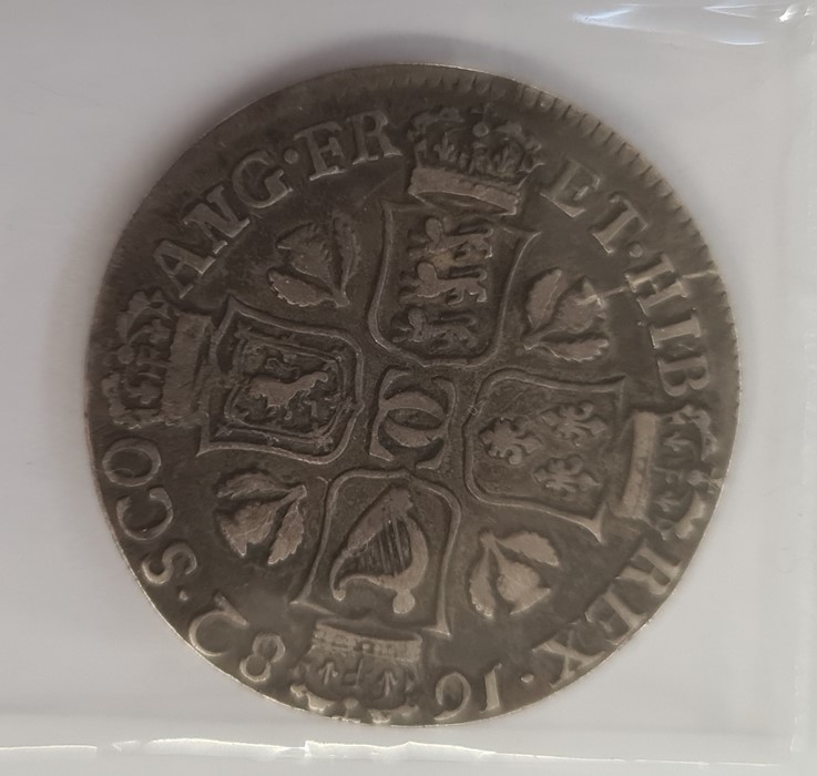 Charles II 1/4 dollar 1682, with shield error, Irish Arms in first shield, reads CAROVLS S.5621 - Image 2 of 2
