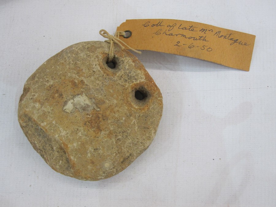 Roman terracotta loom weight, 9cm diameter approx, a small Roman glass bottle, 12.5cm high and - Image 4 of 6