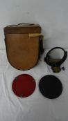WWII Helio 5" Mk V military adjustable heliograph with coloured filters, in leather carrying case