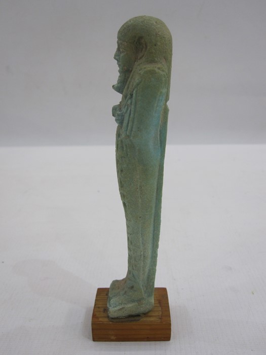 Egyptian blue glazed faience Ushabti in typical mummified form, with three lines of hieroglyphical - Image 3 of 4