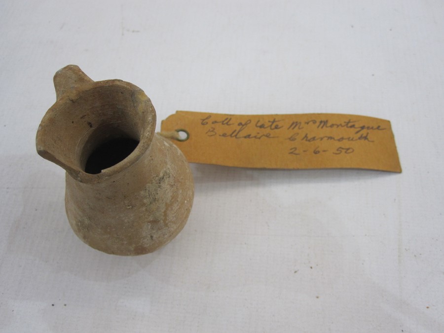 Roman terracotta loom weight, 9cm diameter approx, a small Roman glass bottle, 12.5cm high and - Image 5 of 6