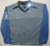 England Rugby World Cup 2003 away shirt with team signatures, framed, 80cm x 90cm