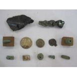 Collection of Egyptian amulets, faience and others, a wooden scarab beetle carved lid and five