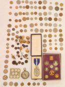 UK proof set of coins, loose coins, buttons, compass and a silver masonic medal