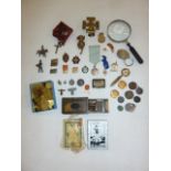 Quantity of badges, a 'Winchester St Cross' knocker, magnifying glass, rosary beads, card
