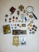 Quantity of badges, a 'Winchester St Cross' knocker, magnifying glass, rosary beads, card