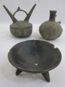 Three Peruvian pottery vessels with typical South American decoration, tripod bowl 18cm diameter,