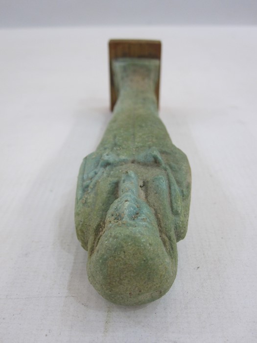 Egyptian blue glazed faience Ushabti in typical mummified form, with three lines of hieroglyphical - Image 4 of 4