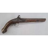 18th century flintlock pistol with circular barrel, engraved lockplate, brass and white metal walnut