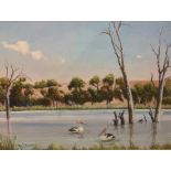 20th century school Oil on canvas  Two pelicans on a river, signed indistinctly lower left, 45cm x