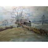 Diana Corbett (20th century school) Watercolour  Derelict barn in countryside, signed lower right