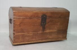 19th century pine trunk with dome top, iron carry handles, later base, 98cm x 61cm
