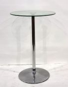 Modern circular glass-topped breakfast bar table on chrome single pedestal support, 65cm diameter