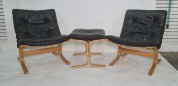 Two 20th century Vestlandske Norwegian chairs and a footstool in black leather upholstery and
