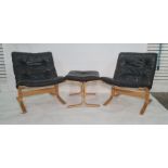 Two 20th century Vestlandske Norwegian chairs and a footstool in black leather upholstery and