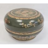 Chinese lacquered wood dowry box and cover, circular, green ground with gilt floral decoration, 34cm