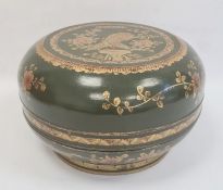 Chinese lacquered wood dowry box and cover, circular, green ground with gilt floral decoration, 34cm