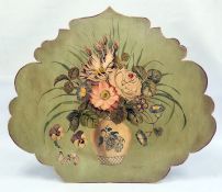 Painted shaped wood firescreen with flowers in vase decoration, signed V. Burnett, 76 x 65.5cm
