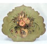 Painted shaped wood firescreen with flowers in vase decoration, signed V. Burnett, 76 x 65.5cm