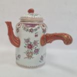 Chinese style porcelain coffee pot and cover, cylindrical with floral and hatched decoration,