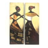 Pair of modern painted plaster on canvas of abstract figures with stylised border, 80cm x 30cm and a