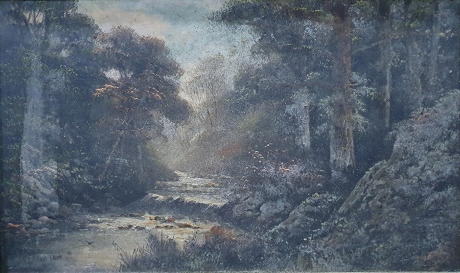 Possibly 19th century Oil on panel River through woodland, indistinctly signed lower left