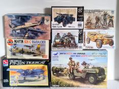 Airfix 'WMIK land rover '1:48, Bronko models British light truck, Airfix 'Martin B26C Marauder' box,