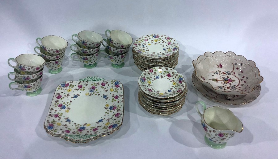 Foley part tea service, floral decorated, assorted ceramics to include 'Bunnykins' mug and a