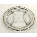 Canadian cut glass and sterling silver-mounted hors d'oeuvres dish, circular and floral etched, 26cm