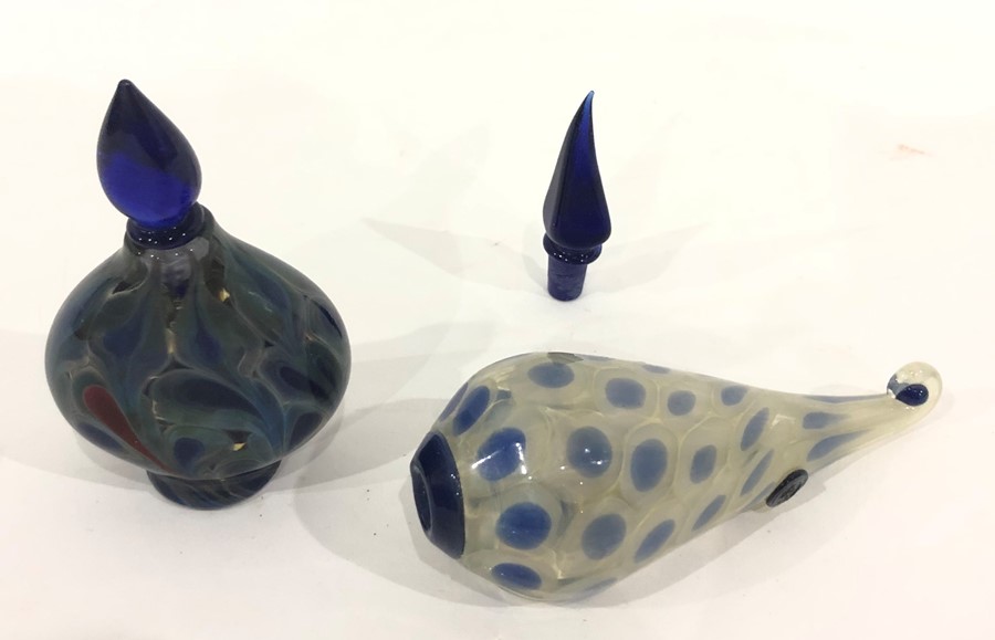 Two modern mottled glass scent bottles, one tapering with flattened side, with white and glazed