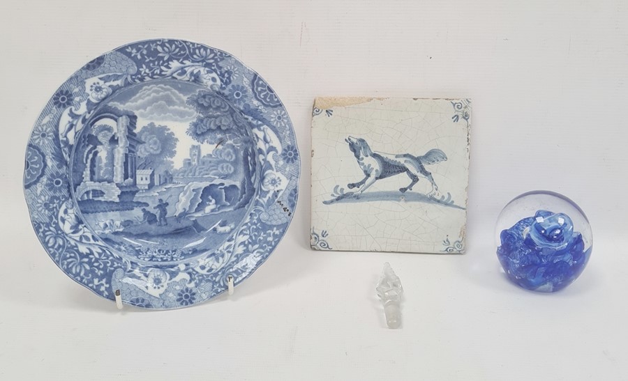 Copeland Spode 'Italian' pattern bowl, a glass paperweight and a delft blue and white tile decorated