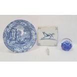 Copeland Spode 'Italian' pattern bowl, a glass paperweight and a delft blue and white tile decorated
