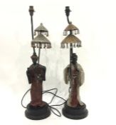Pair Asian style painted bronze finish Chinese figure table lamps, each figure in flowing robes,