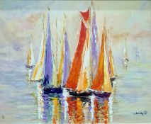 Duaiv (20th century school) Oil on canvas  Sailing boats at still water, limited edition 33/95,
