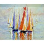 Duaiv (20th century school) Oil on canvas  Sailing boats at still water, limited edition 33/95,