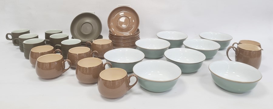 Seven Denby cups and saucers and matching jug in brown, five Denby cups and saucers and matching jug